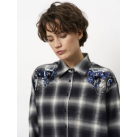 DANTE 6 - Eason Embellished Check Cropped Shirt | Nocturnal Blue 